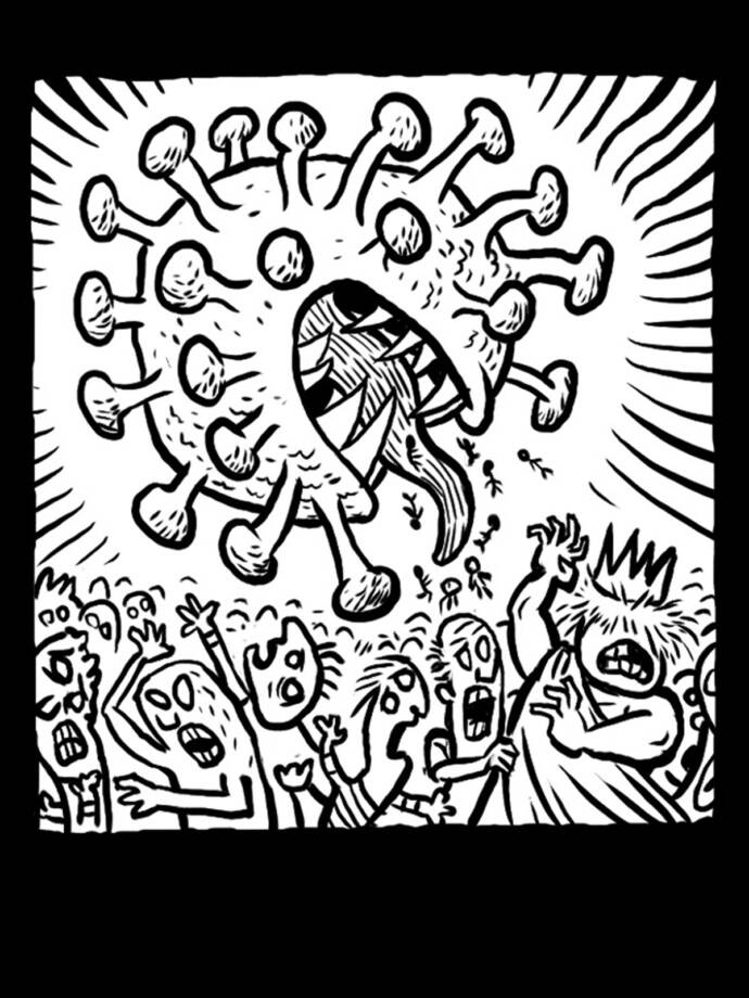 comic illustration of a covid virus terrorising a crowd people