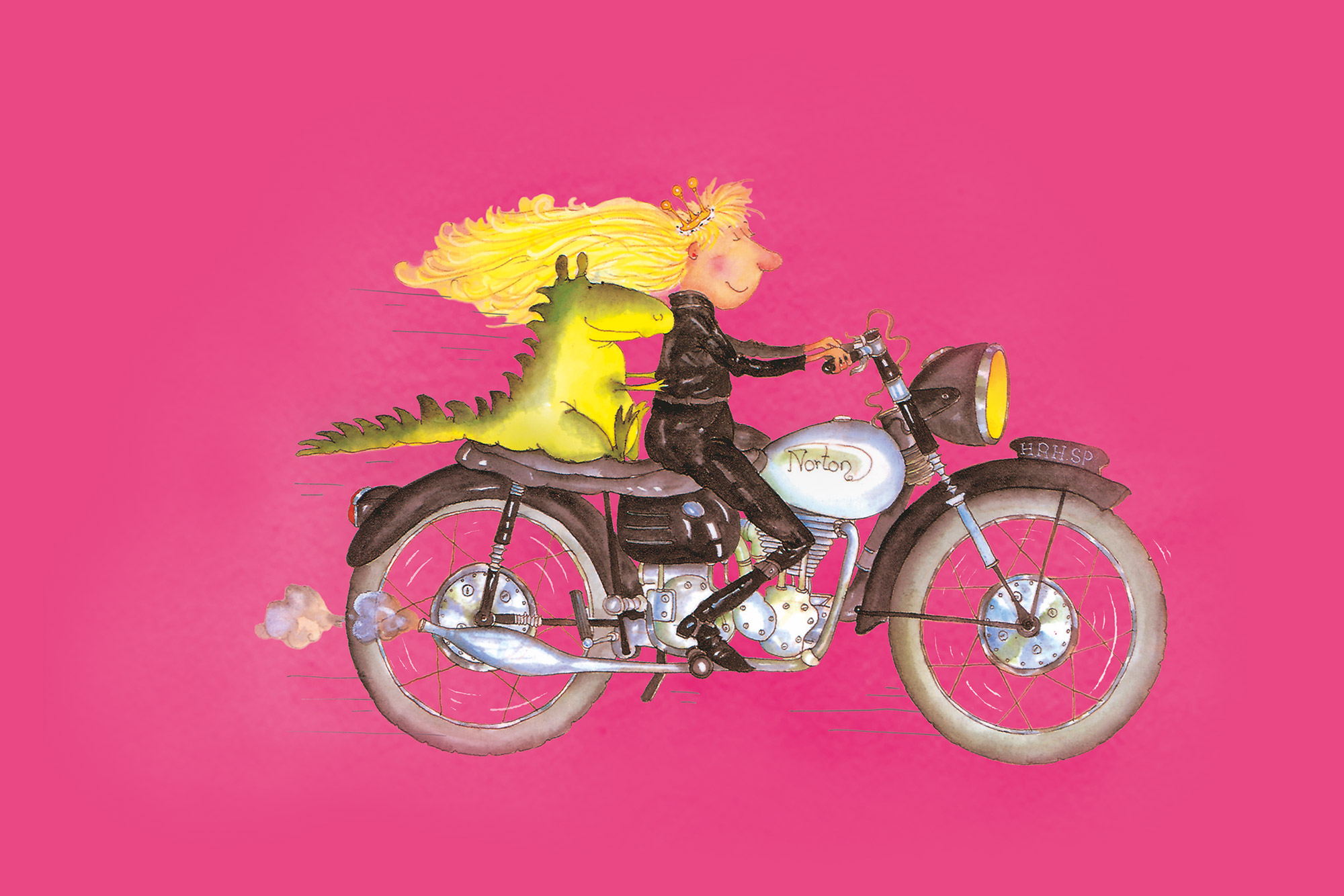 illustration of a girl and dragon on a motorbike