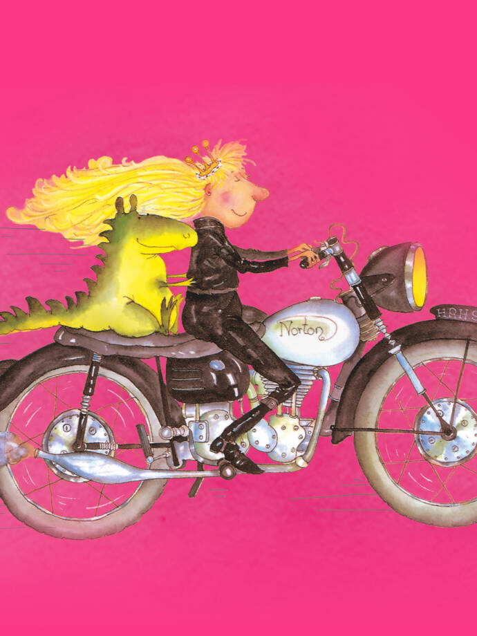 illustration of a girl and dragon on a motorbike